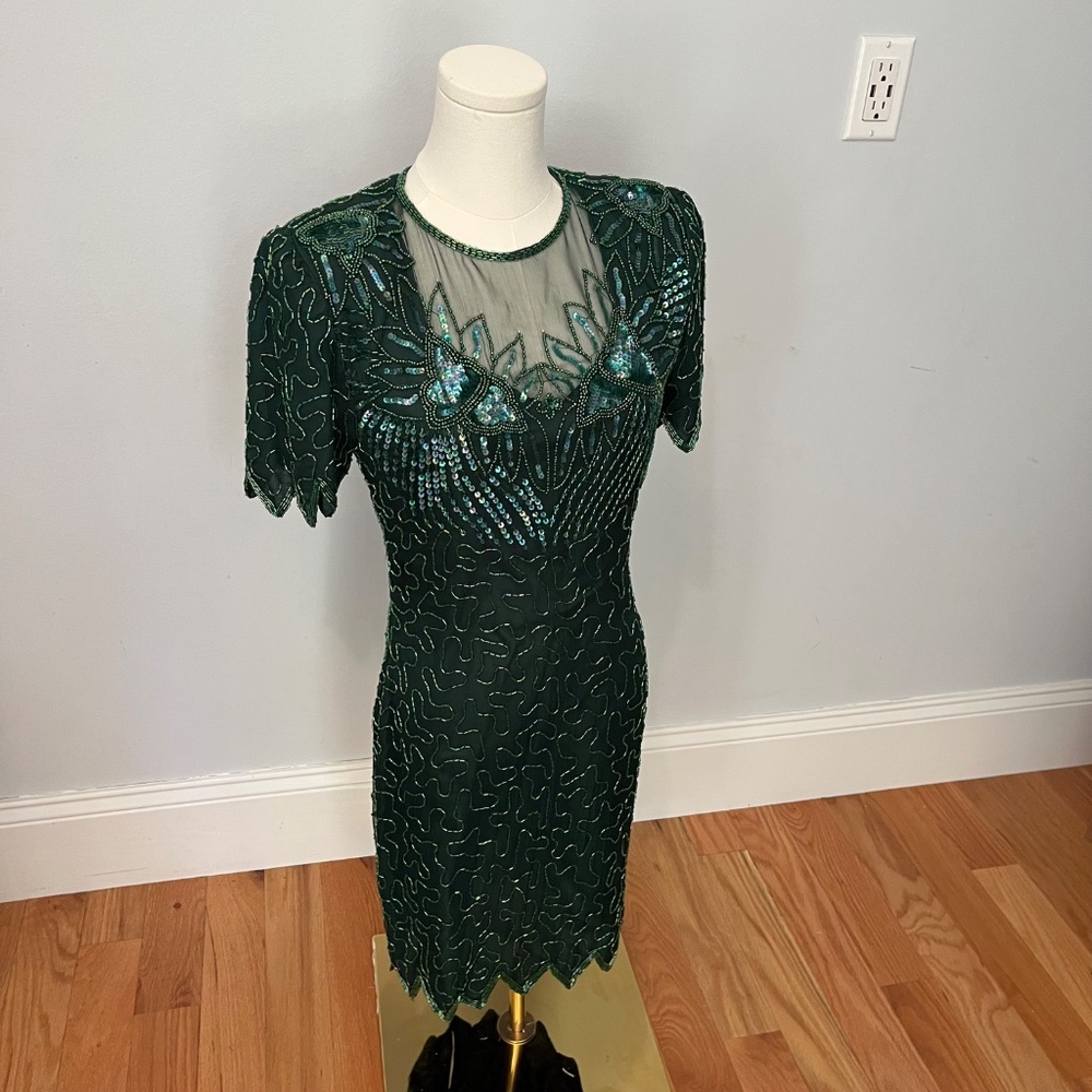 Denise Elle Vintage 80s Black Beaded Sequin Silk Cocktail Jagged Hem Dress PS - Picture 9 of 13